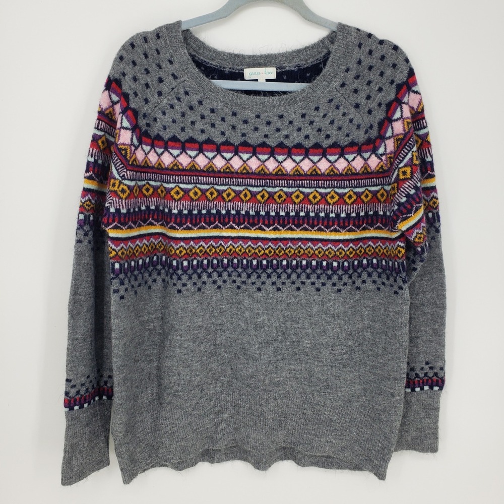 Grace & Lace Fair Isle Sweater Long Geometric Print Knit Gray Womens Size L